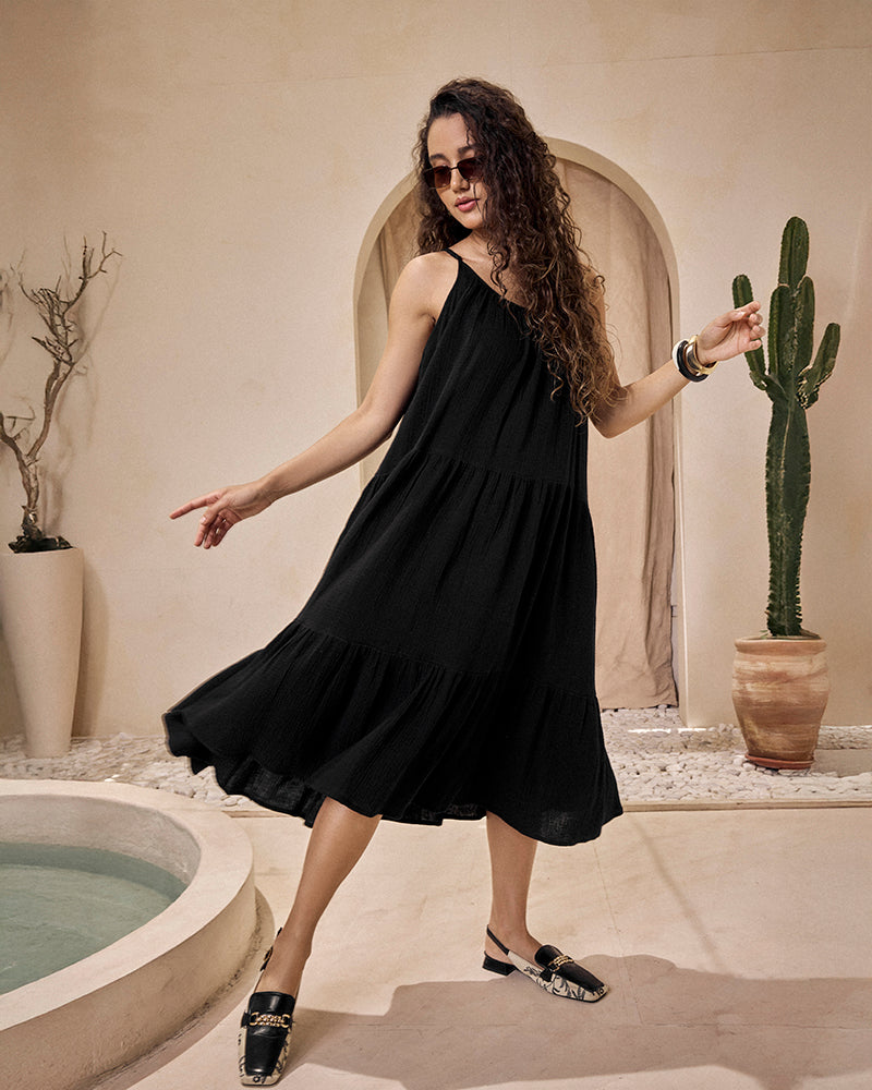 double voile cotton dress black