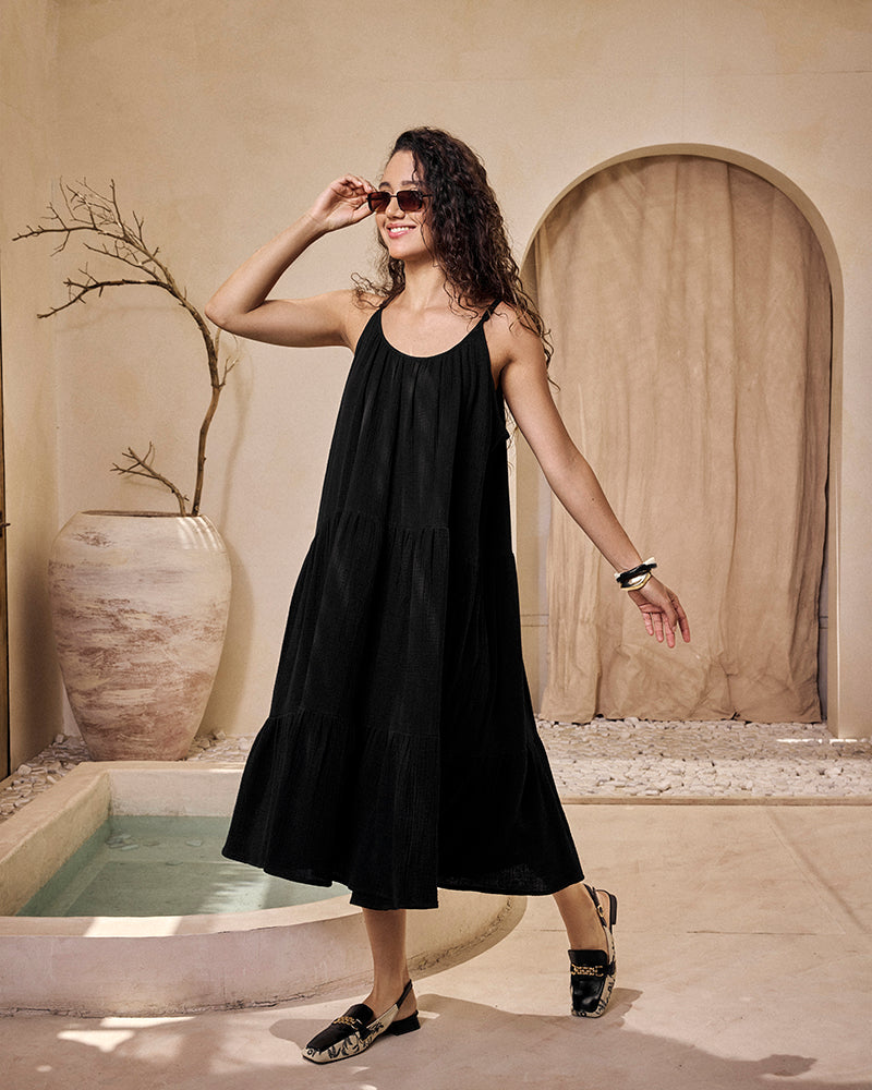 double voile cotton dress black