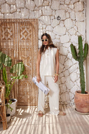 Beige Linen Blouse & Pants Set