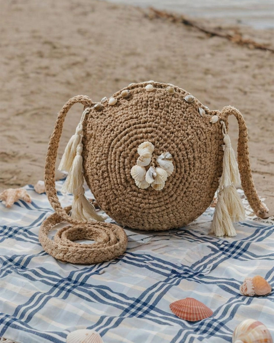 Chrochet Jute (Khish) seashell round bag